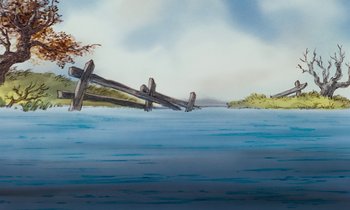 Movie still from “The Many Adventures of Winnie the Pooh” (1977), directed by John Lounsbery – An oil painting of a wooden fence in the middle of a lake; Extreme Wide shot, Low angle