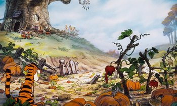 Movie still from “The Many Adventures of Winnie the Pooh” (1977), directed by John Lounsbery – A painting of winnie the pooh and piglet in a field with pumpkins; Wide shot, High angle