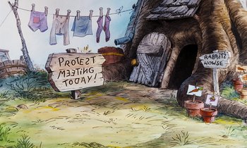 Movie still from “The Many Adventures of Winnie the Pooh” (1977), directed by John Lounsbery – A painting of an area with clothes hanging on a line and a sign that says " project meeting today !"; Wide shot, Low angle