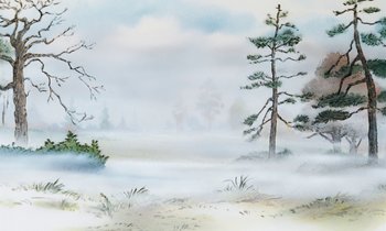 A painting of trees in the middle of a foggy field