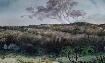 Movie still from “The Many Adventures of Winnie the Pooh” (1977), directed by John Lounsbery – A painting of a field with a tree in the background; Extreme Wide shot, Low angle