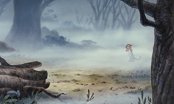 Movie still from “The Many Adventures of Winnie the Pooh” (1977), directed by John Lounsbery – An artistic painting of a couple in the middle of a foggy forest; Wide shot, High angle