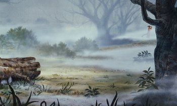 Movie still from “The Many Adventures of Winnie the Pooh” (1977), directed by John Lounsbery – An oil painting of a tree and a field; Wide shot, Low angle