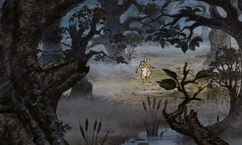 Movie still from “The Many Adventures of Winnie the Pooh” (1977), directed by John Lounsbery – A painting of a rabbit in the woods; Wide shot, High angle