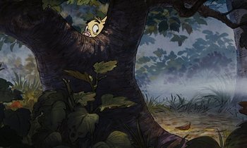 Movie still from “The Many Adventures of Winnie the Pooh” (1977), directed by John Lounsbery – An artistic drawing of a tree with a bird in it's mouth; Wide shot, Low angle