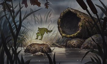 Movie still from “The Many Adventures of Winnie the Pooh” (1977), directed by John Lounsbery – A painting of a dog jumping into the water; Wide shot, High angle