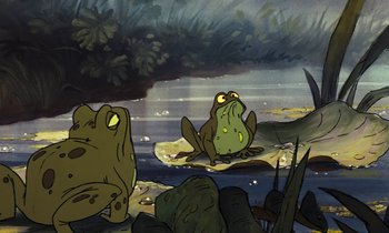 Movie still from “The Many Adventures of Winnie the Pooh” (1977), directed by John Lounsbery – A frog sitting on top of a rock in the water; Wide shot, Low angle