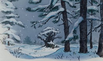 Movie still from “The Many Adventures of Winnie the Pooh” (1977), directed by John Lounsbery – A painting of trees in the snow with snow on the ground; Extreme Wide shot, Low angle