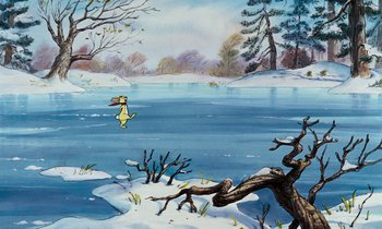 Movie still from “The Many Adventures of Winnie the Pooh” (1977), directed by John Lounsbery – A painting of a dog jumping in the air in the snow; Extreme Wide shot, High angle