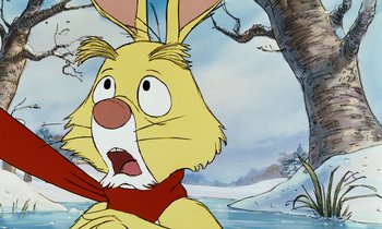 Movie still from “The Many Adventures of Winnie the Pooh” (1977), directed by John Lounsbery – A cartoon rabbit with a surprised look on his face; Close Up shot, Low angle