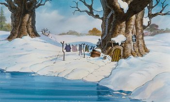 Movie still from “The Many Adventures of Winnie the Pooh” (1977), directed by John Lounsbery – A painting of people standing in the snow near a tree; Extreme Wide shot, Low angle