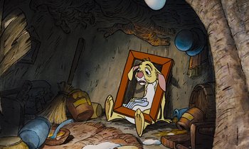 Movie still from “The Many Adventures of Winnie the Pooh” (1977), directed by John Lounsbery – A cartoon of a dog in a picture frame; Wide shot, High angle