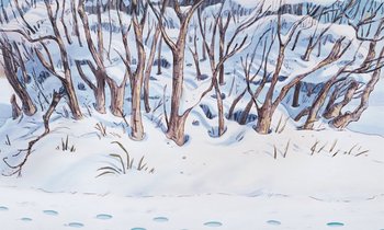 Movie still from “The Many Adventures of Winnie the Pooh” (1977), directed by John Lounsbery – A painting of trees in the snow with footprints in the snow; Extreme Wide shot, High angle