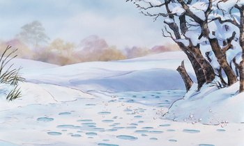 Movie still from “The Many Adventures of Winnie the Pooh” (1977), directed by John Lounsbery – A painting of a snow covered field with a tree in the background; Extreme Wide shot, Low angle
