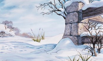 Movie still from “The Many Adventures of Winnie the Pooh” (1977), directed by John Lounsbery – A painting of a stone wall in the middle of a snowy field; Extreme Wide shot, Low angle