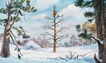 Movie still from “The Many Adventures of Winnie the Pooh” (1977), directed by John Lounsbery – A painting of a bare tree in the snow; Extreme Wide shot, Low angle