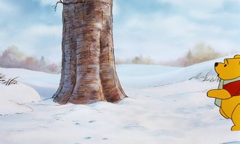 Movie still from “The Many Adventures of Winnie the Pooh” (1977), directed by John Lounsbery – A painting of a tree in the middle of a snowy field; Extreme Wide shot, Low angle
