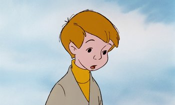 Movie still from “The Many Adventures of Winnie the Pooh” (1977), directed by John Lounsbery – A drawing of a young boy with short blonde hair; Close Up shot, High angle