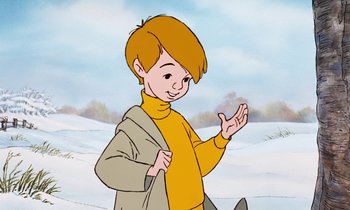 Movie still from “The Many Adventures of Winnie the Pooh” (1977), directed by John Lounsbery – A cartoon picture of a boy in the snow; Medium shot, High angle