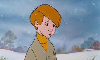 Movie still from “The Many Adventures of Winnie the Pooh” (1977), directed by John Lounsbery – A cartoon picture of a boy in the snow; Close Up shot, High angle