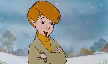 Movie still from “The Many Adventures of Winnie the Pooh” (1977), directed by John Lounsbery – A cartoon picture of a boy with his arms crossed in the snow; Close Up shot, High angle