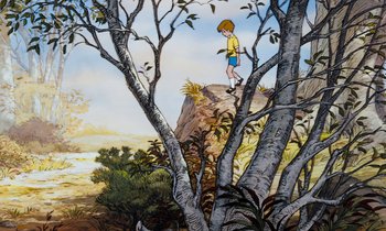 Movie still from “The Many Adventures of Winnie the Pooh” (1977), directed by John Lounsbery – A painting of a boy standing on top of a tree; Wide shot, Low angle