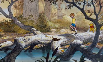 Movie still from “The Many Adventures of Winnie the Pooh” (1977), directed by John Lounsbery – An animated scene of a boy walking on a log bridge; Wide shot, High angle