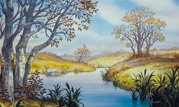 A painting of a lake with trees in the background
