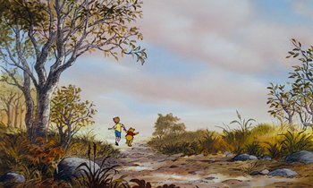 Movie still from “The Many Adventures of Winnie the Pooh” (1977), directed by John Lounsbery – A painting of winnie the pooh and piglet walking in the woods; Wide shot, Low angle