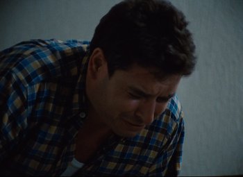 Movie still from “The Merchant of Four Seasons” (1972), directed by Rainer Werner Fassbinder – A person wearing a plaid shirt; Close Up shot, High angle