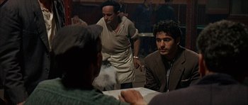 Movie still from “The Moment of Truth” (1965), directed by Francesco Rosi – A group of men sitting around a table; Medium shot, Over the shoulder angle