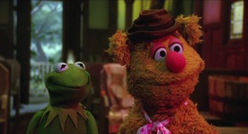 Movie still from “The Muppet Movie” (1979), directed by James Frawley – A couple of stuffed animals that are next to each other; Close Up shot, Over the shoulder angle