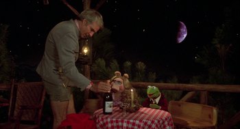Movie still from “The Muppet Movie” (1979), directed by James Frawley – A man and a woman sitting at a table with a frog and a bottle of wine; Wide shot, Low angle