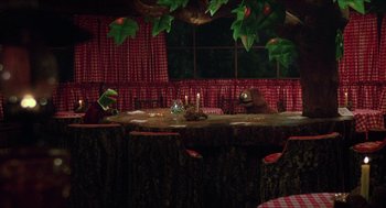 Movie still from “The Muppet Movie” (1979), directed by James Frawley – A table in a room with a bear and a cake on it; Wide shot, High angle