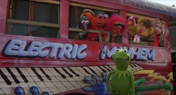 Movie still from “The Muppet Movie” (1979), directed by James Frawley – A group of muppets sitting on top of an electric piano; Wide shot, Low angle