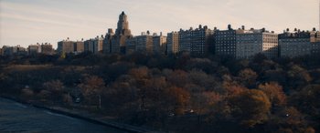 Movie still from “The Night Before” (2015), directed by Jonathan Levine – A view of a city skyline with a tree in the foreground; Extreme Wide shot, High angle