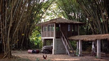 Movie still from “The Nun's Story” (1959), directed by Fred Zinnemann – An old truck parked in front of a house; Extreme Wide shot, High angle