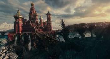 Movie still from “The Nutcracker and the Four Realms” (2018), directed by Joe Johnston – An image of a castle in the middle of the night; Extreme Wide shot, Low angle