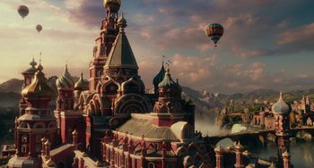 Movie still from “The Nutcracker and the Four Realms” (2018), directed by Joe Johnston – An image of a castle in the middle of the day; Extreme Wide shot, Low angle