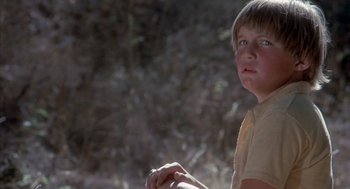 Movie still from “The Other” (1972), directed by Robert Mulligan – A young boy sitting in the grass with a cigarette in his hand; Close Up shot, Low angle