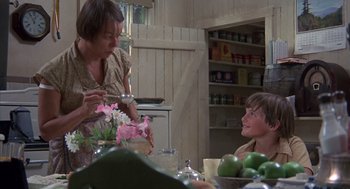Movie still from “The Other” (1972), directed by Robert Mulligan – A woman and a boy sitting at a dining table; Medium shot, Low angle