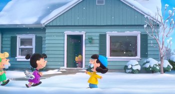 Movie still from “The Peanuts Movie” (2015), directed by Steve Martino – A scene from a peanuts movie with lucy and charlie brown; Extreme Wide shot, Over the shoulder angle