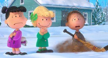Movie still from “The Peanuts Movie” (2015), directed by Steve Martino – A charlie brown and the peanuts gang in the snow; Medium shot, Over the shoulder angle