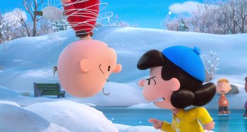 Movie still from “The Peanuts Movie” (2015), directed by Steve Martino – A charlie brown and lucy cartoon scene with snow; Medium shot, Over the shoulder angle