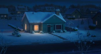 Movie still from “The Peanuts Movie” (2015), directed by Steve Martino – A house in the middle of the night with snow on the ground; Extreme Wide shot, High angle