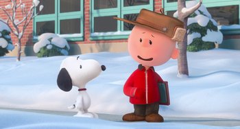 Movie still from “The Peanuts Movie” (2015), directed by Steve Martino – A charlie brown and snoopy character in a scene from the peanuts movie; Wide shot, High angle