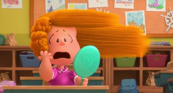 Movie still from “The Peanuts Movie” (2015), directed by Steve Martino – A cartoon of a girl brushing her red hair; Close Up shot, Over the shoulder angle