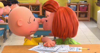 Movie still from “The Peanuts Movie” (2015), directed by Steve Martino – A couple of people that are kissing in a room; Close Up shot, Over the shoulder angle