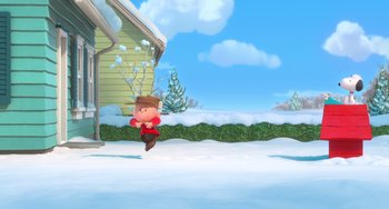 Movie still from “The Peanuts Movie” (2015), directed by Steve Martino – An animated character is running in the snow; Extreme Wide shot, High angle