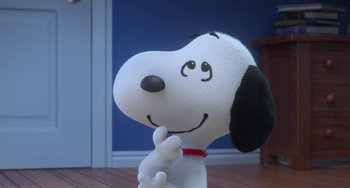 Movie still from “The Peanuts Movie” (2015), directed by Steve Martino – A stuffed dog is sitting on the floor; Close Up shot, High angle